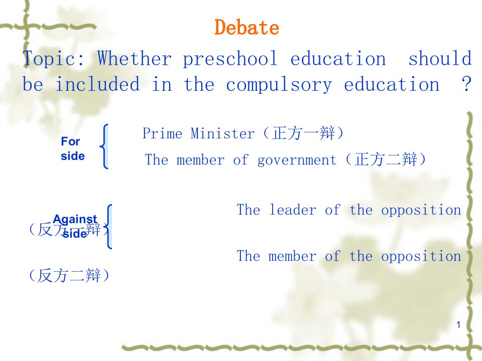 学前教育是否应纳入义务教育的英语辩论PPT课件