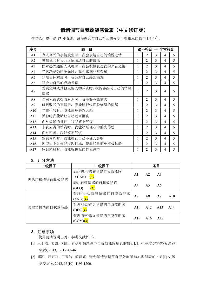 情绪调节自我效能感量表