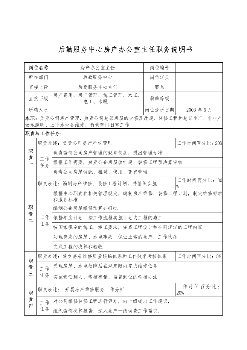 后勤服务中心房产办公室主任职务说明书