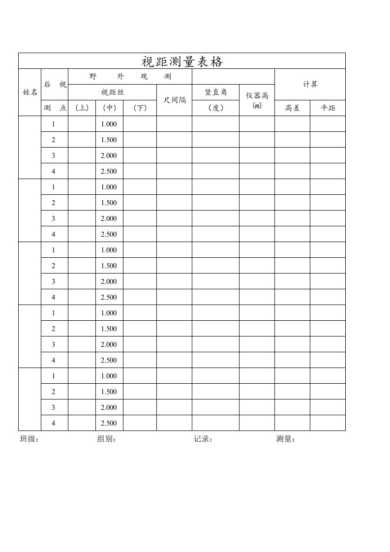 视距测量表格