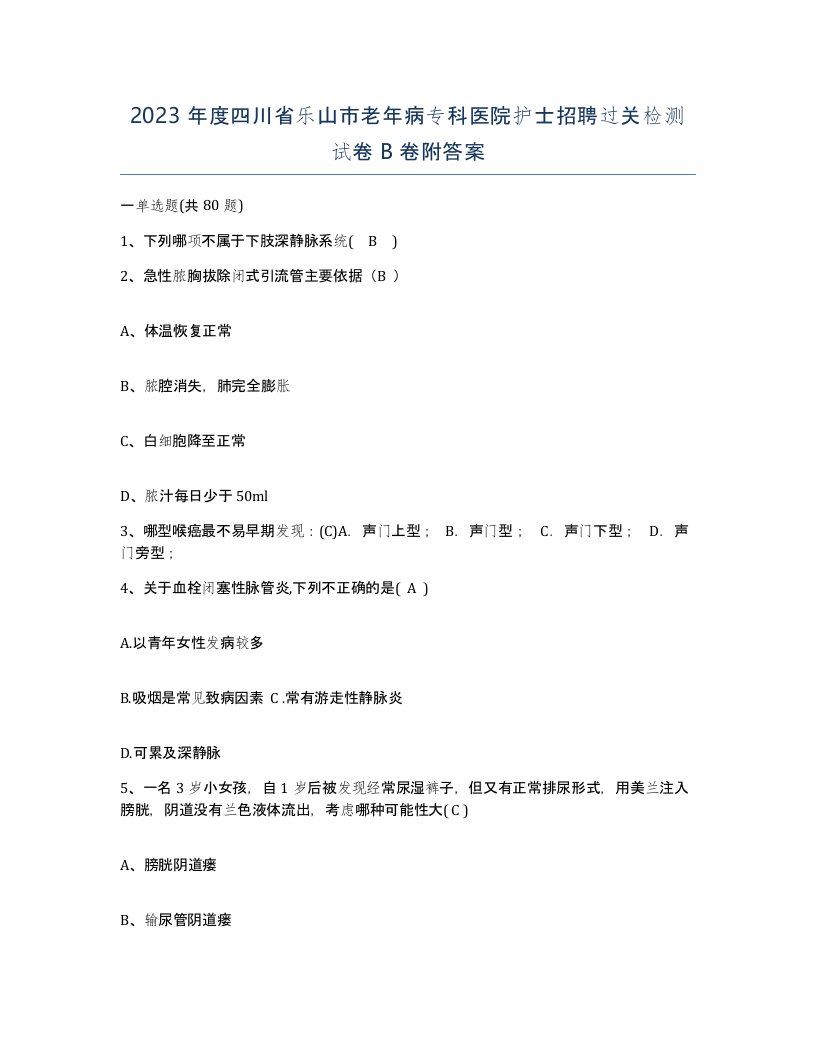 2023年度四川省乐山市老年病专科医院护士招聘过关检测试卷B卷附答案