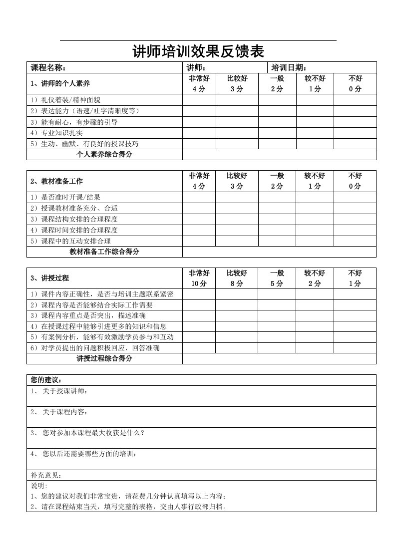 讲师培训效果反馈表