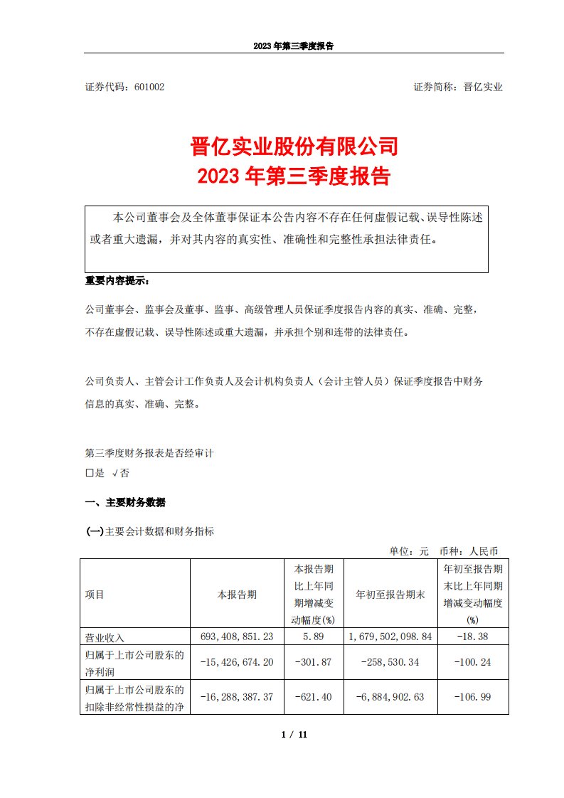 上交所-晋亿实业股份有限公司2023年第三季度报告-20231027