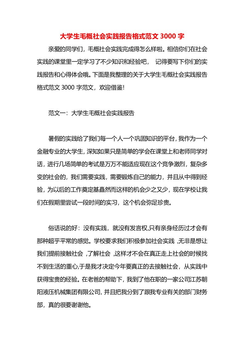 大学生毛概社会实践报告格式范文3000字