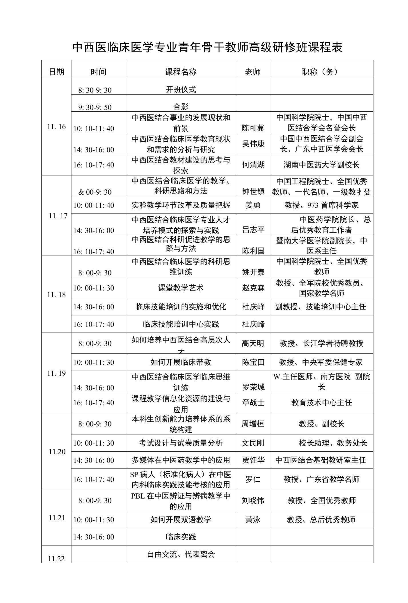 中西医临床医学专业青年骨干教师高级研修班课程表