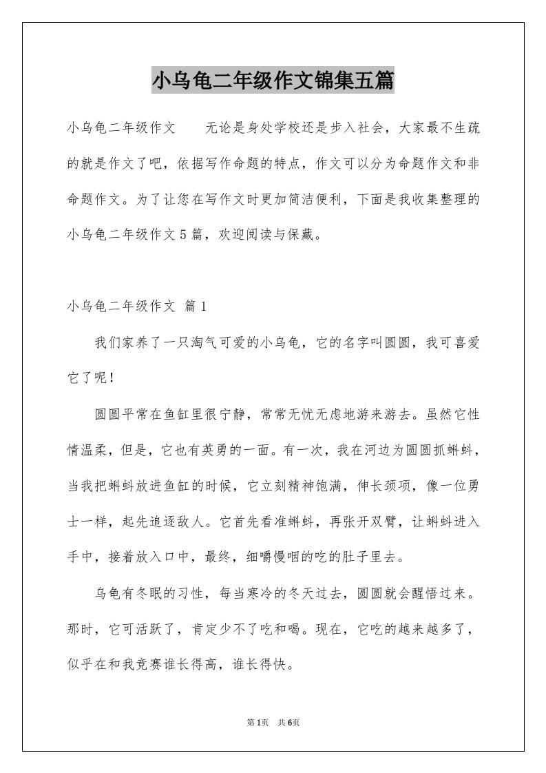 小乌龟二年级作文锦集五篇例文