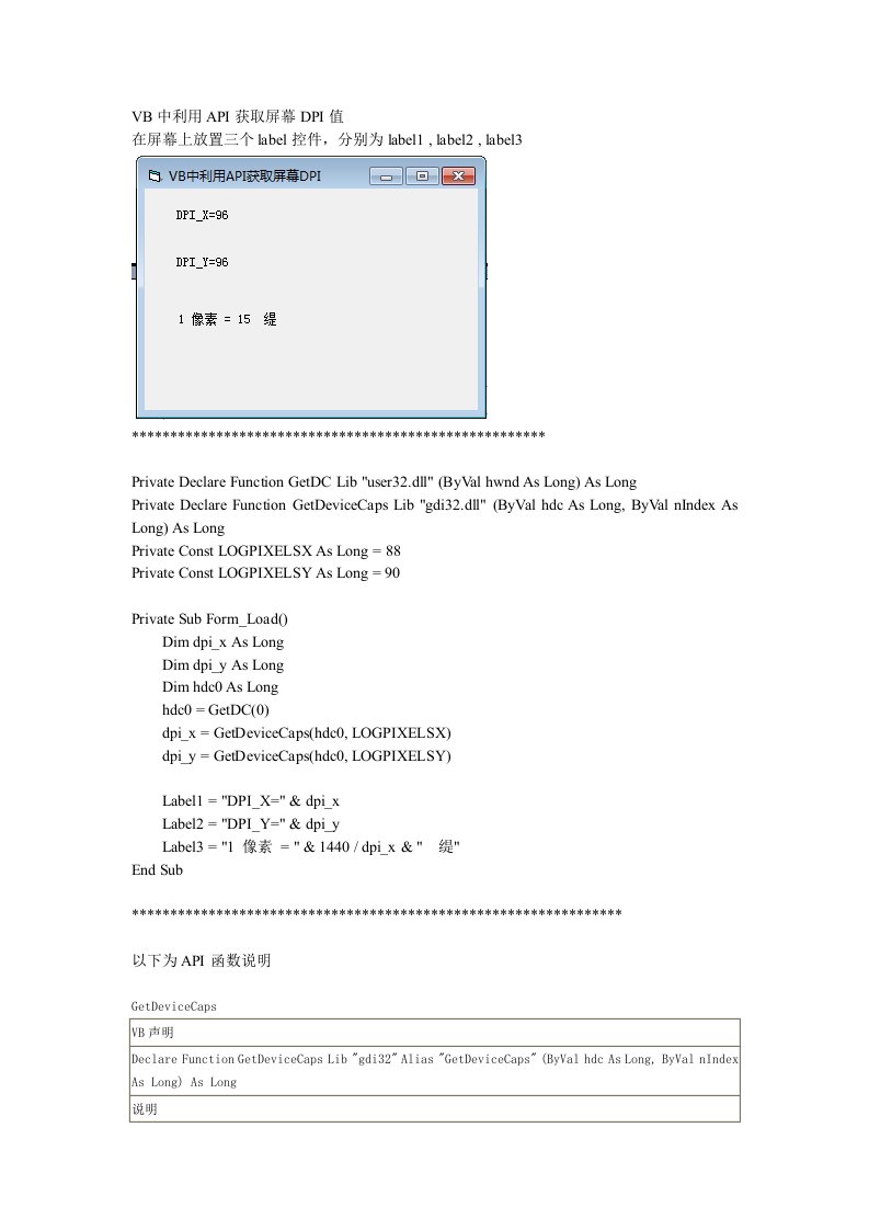 VB中利用API获取屏幕DPI值和1像素等于多少缇