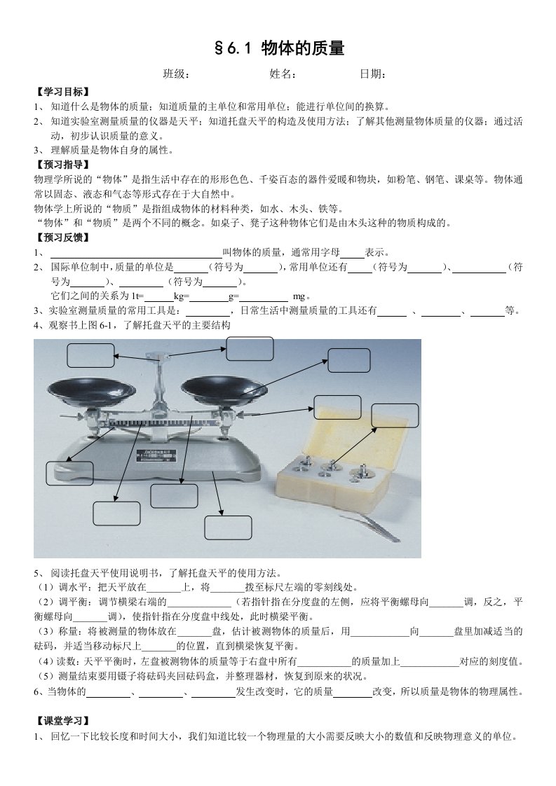 苏科版6.1物体的质量学案