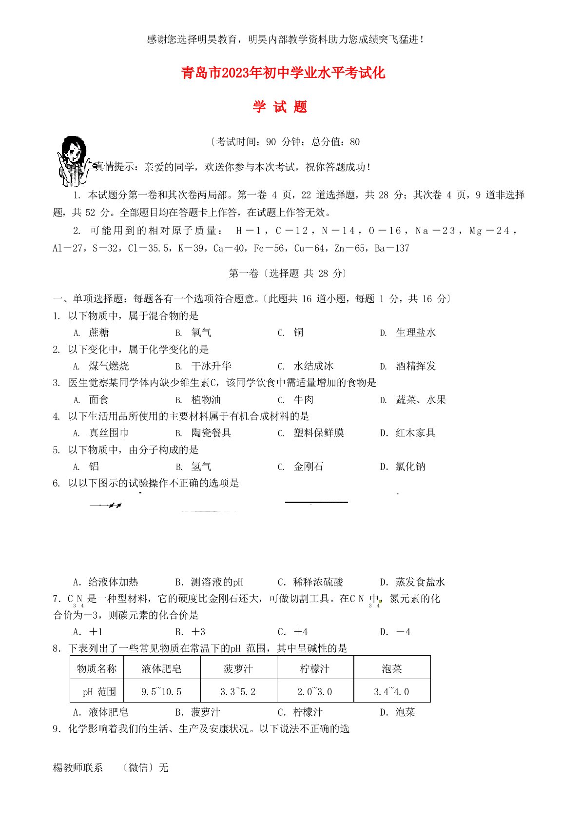 山东省青岛市2023年中考化学真题试题(含答案)