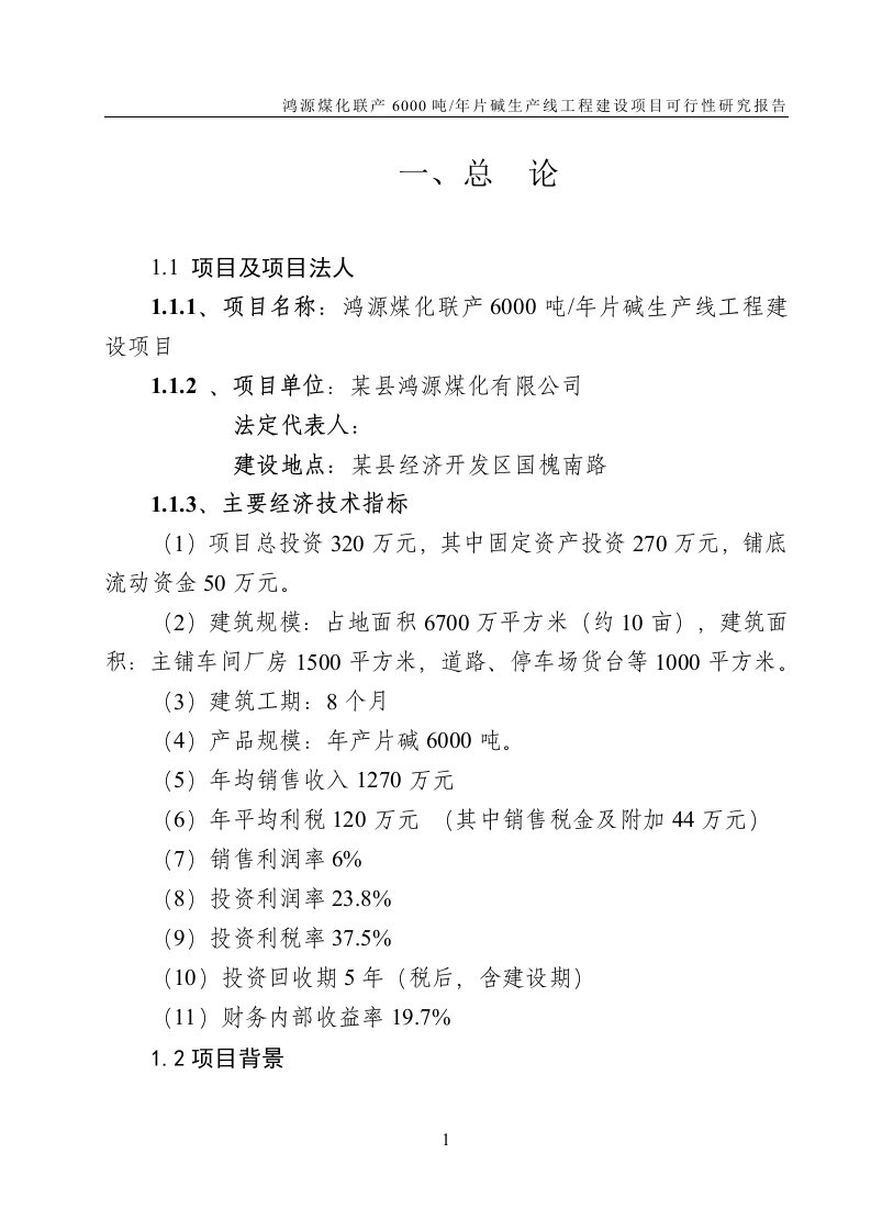 鸿源煤化联产6000吨每年片碱生产线工程建设项目可行性研究报告