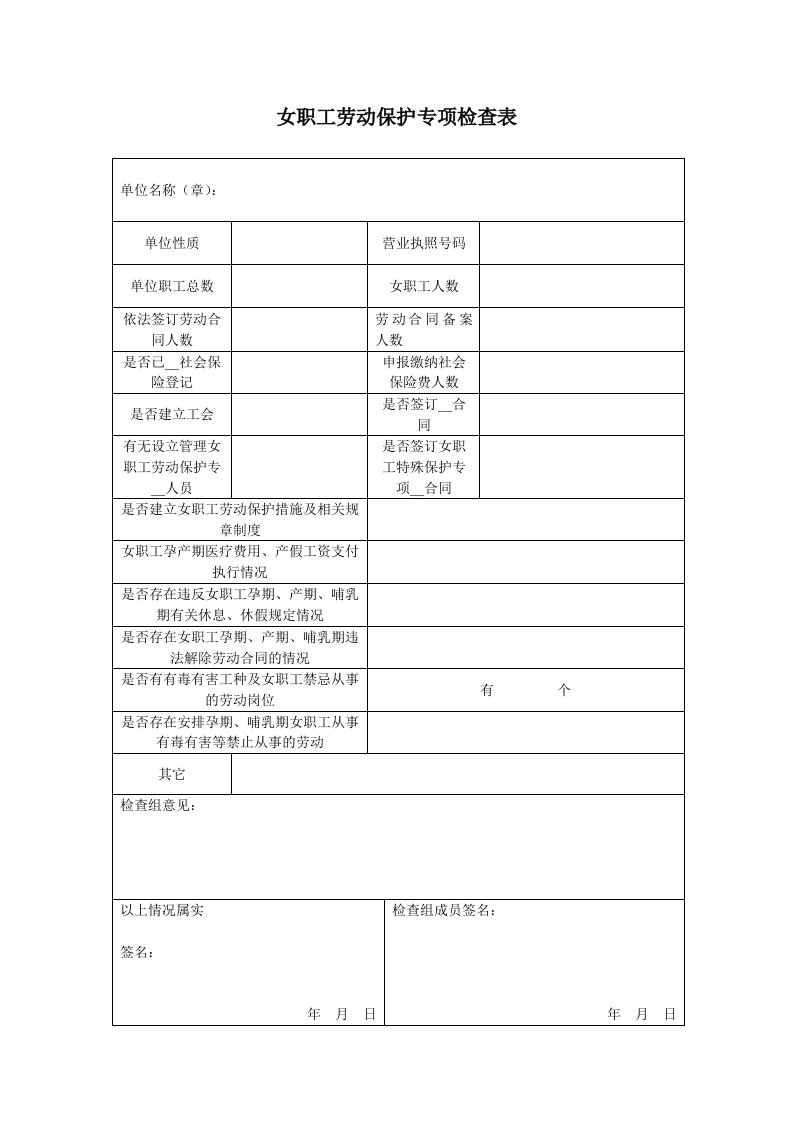 女职工劳动保护专项检查表