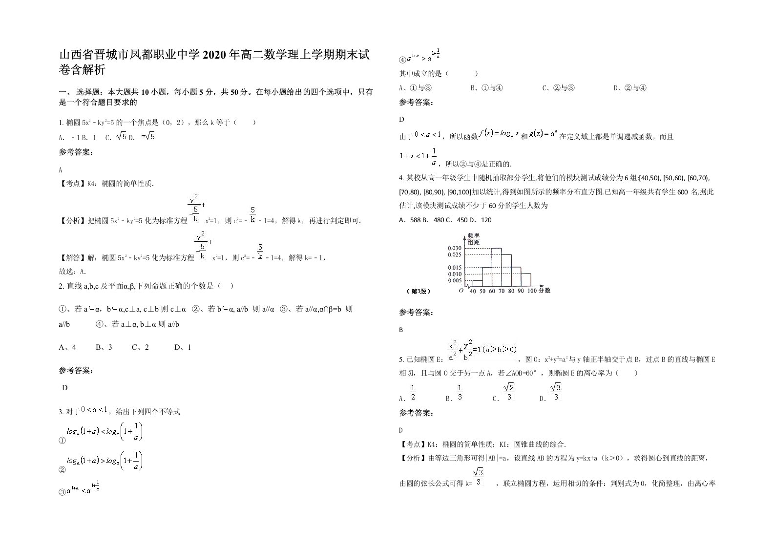 山西省晋城市凤都职业中学2020年高二数学理上学期期末试卷含解析