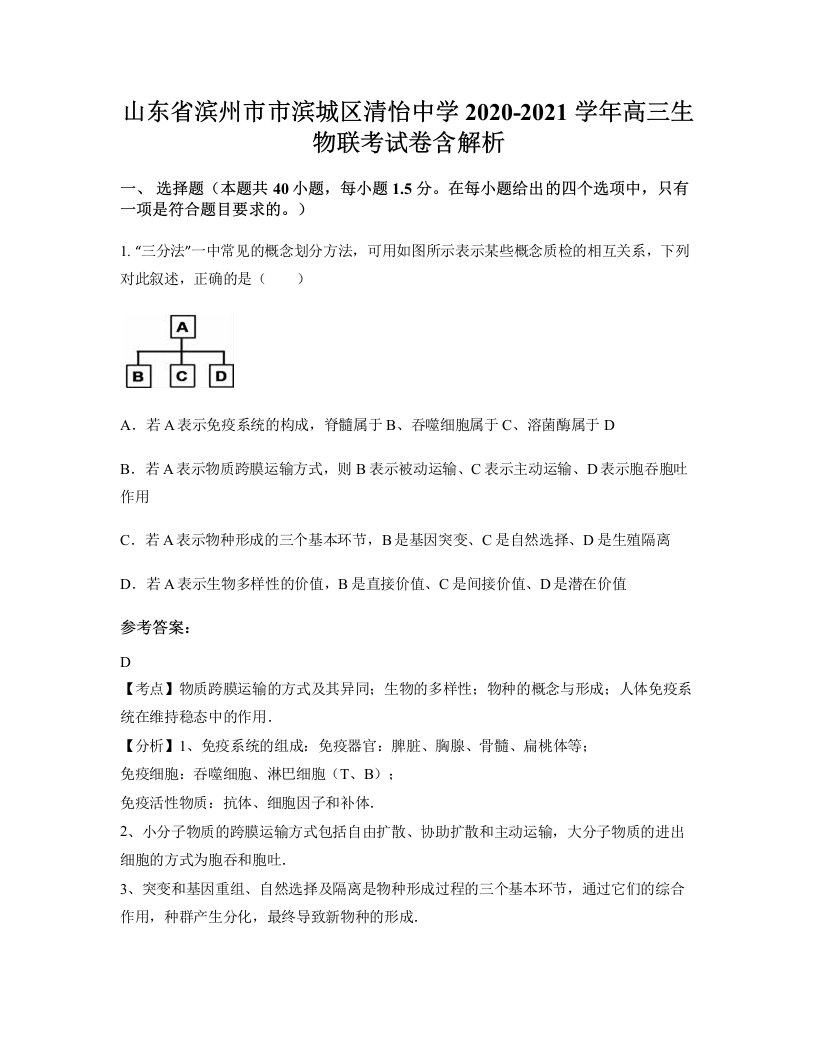 山东省滨州市市滨城区清怡中学2020-2021学年高三生物联考试卷含解析