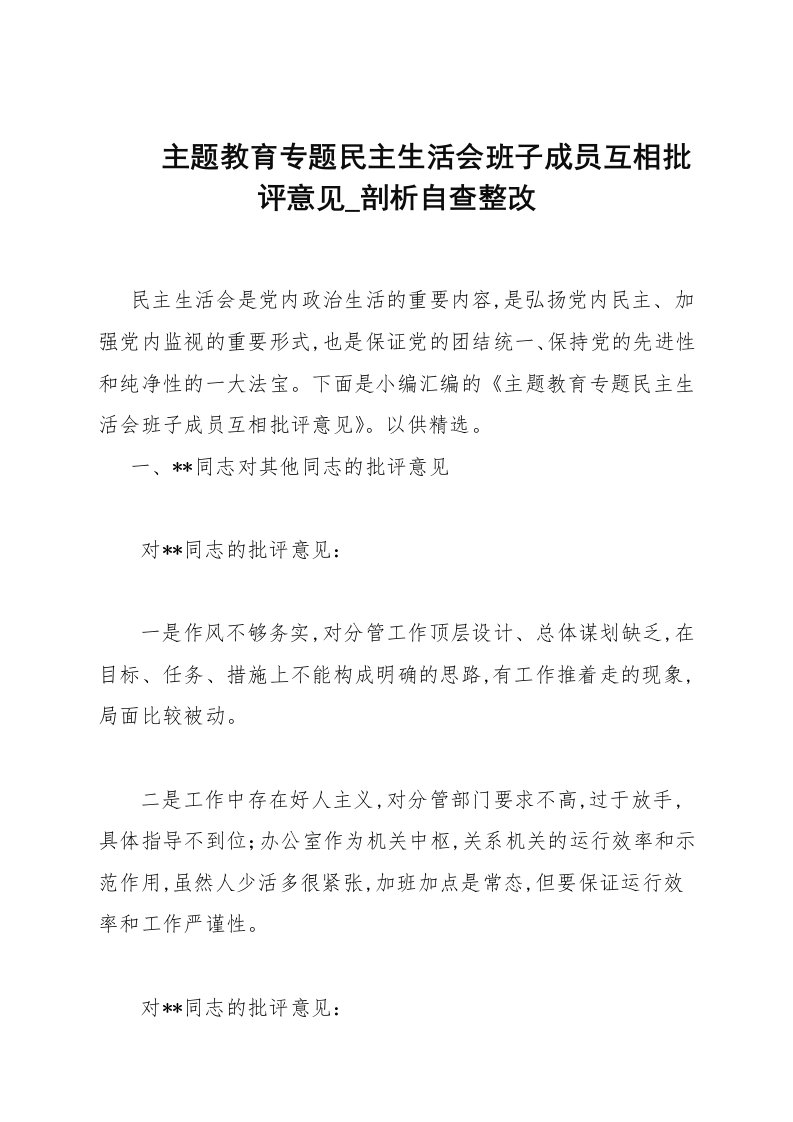 主题教育专题民主生活会班子成员互相批评意见