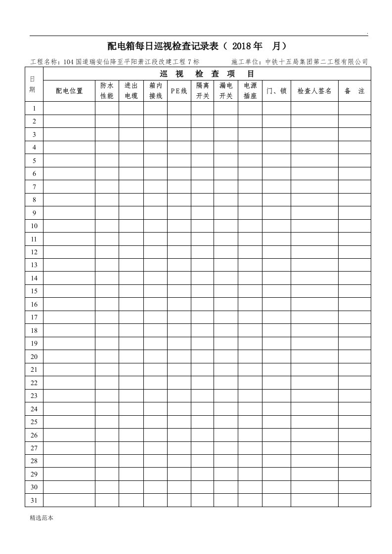 配电箱每日巡视检查记录表