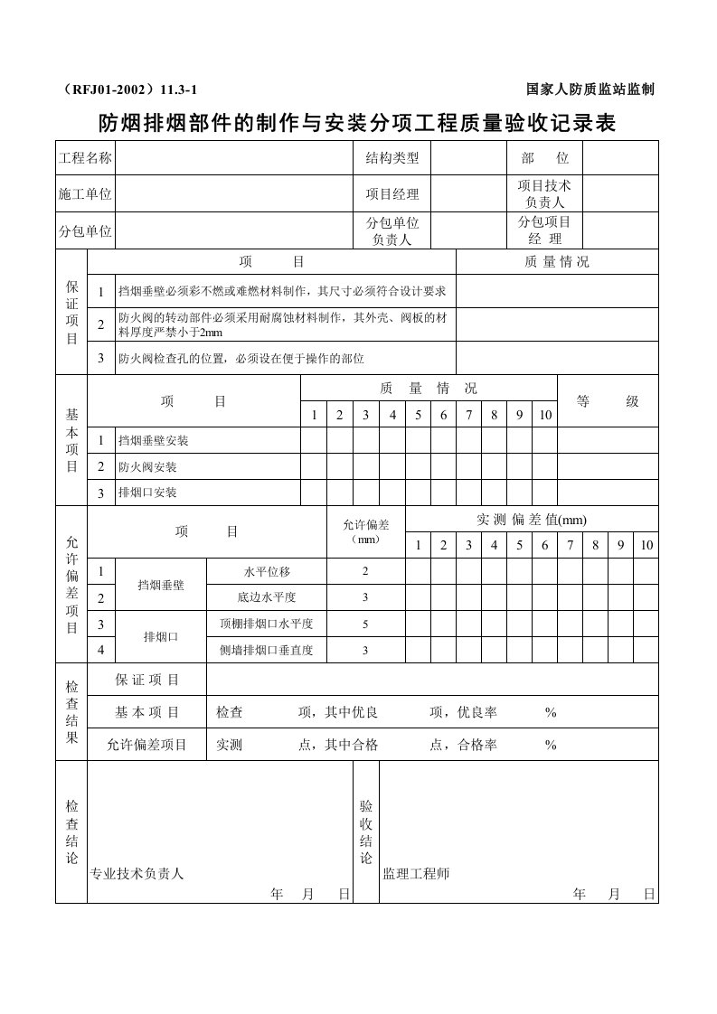 防烟排烟部件的制作与安装分项工程质量验收记录表