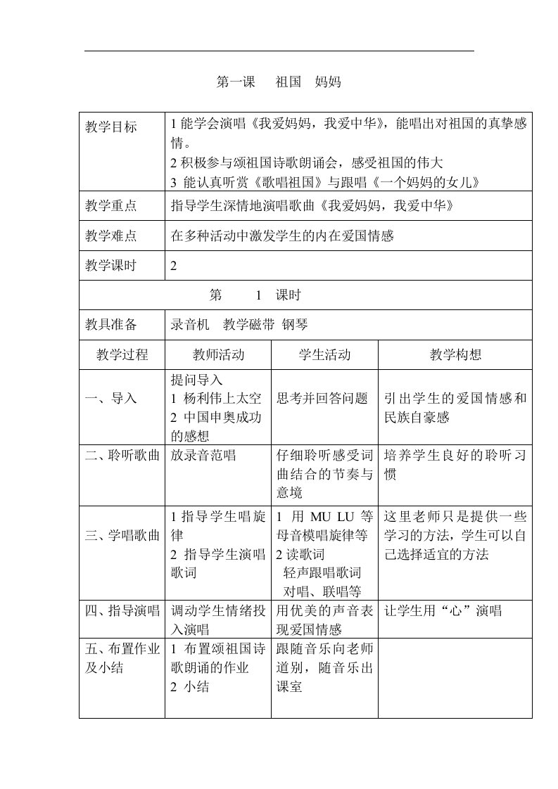 湘教版小学音乐四年级上册全册教案表格式27页