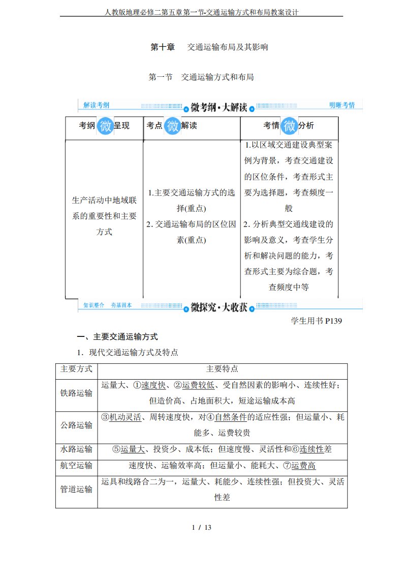 人教版地理必修二第五章第一节-交通运输方式和布局教案设计