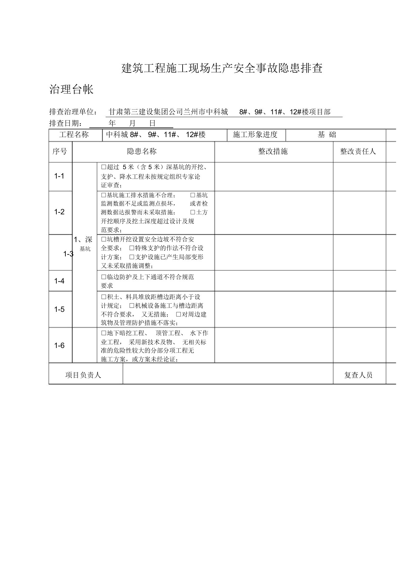 建筑工程施工现场生产安全事故隐患排查治理台账