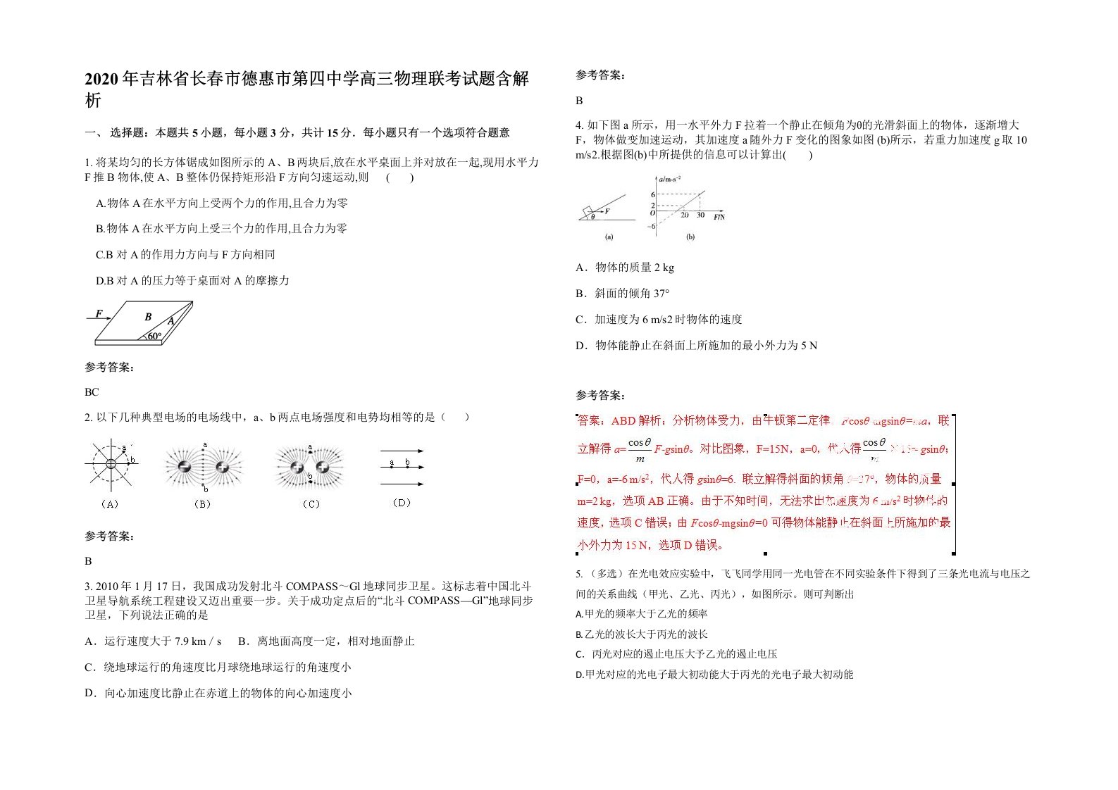 2020年吉林省长春市德惠市第四中学高三物理联考试题含解析