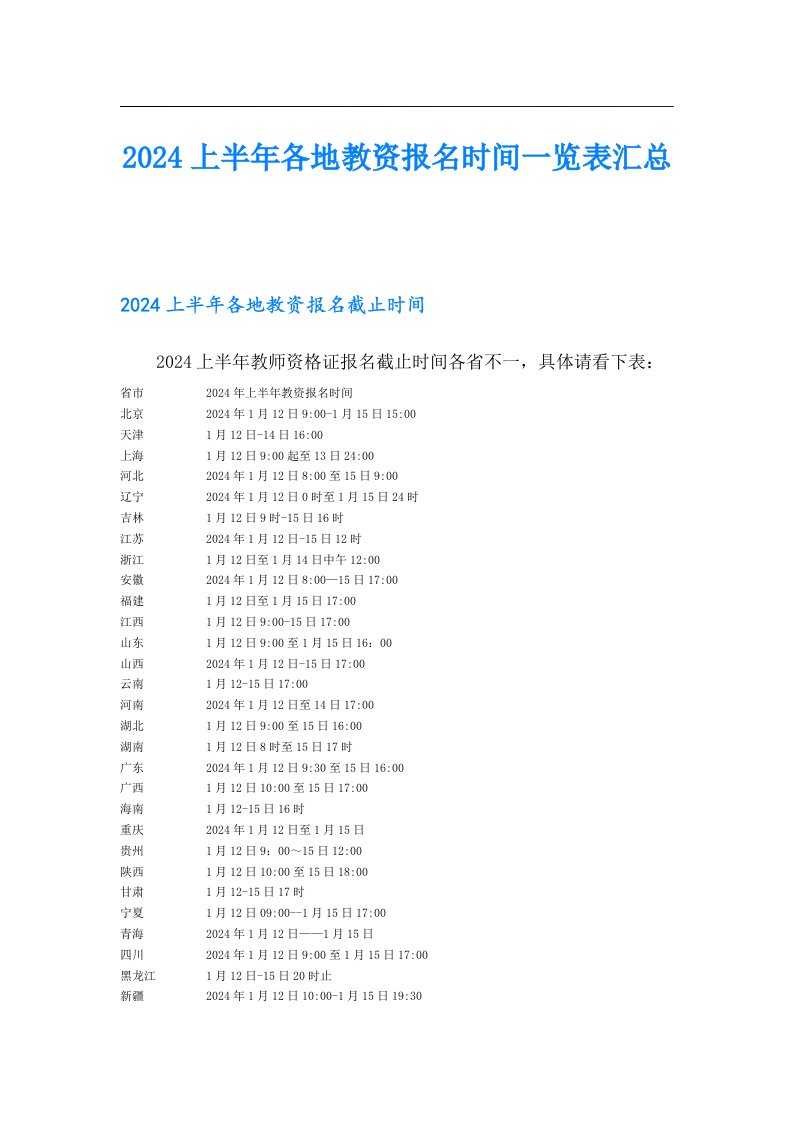 2024上半年各地教资报名时间一览表汇总