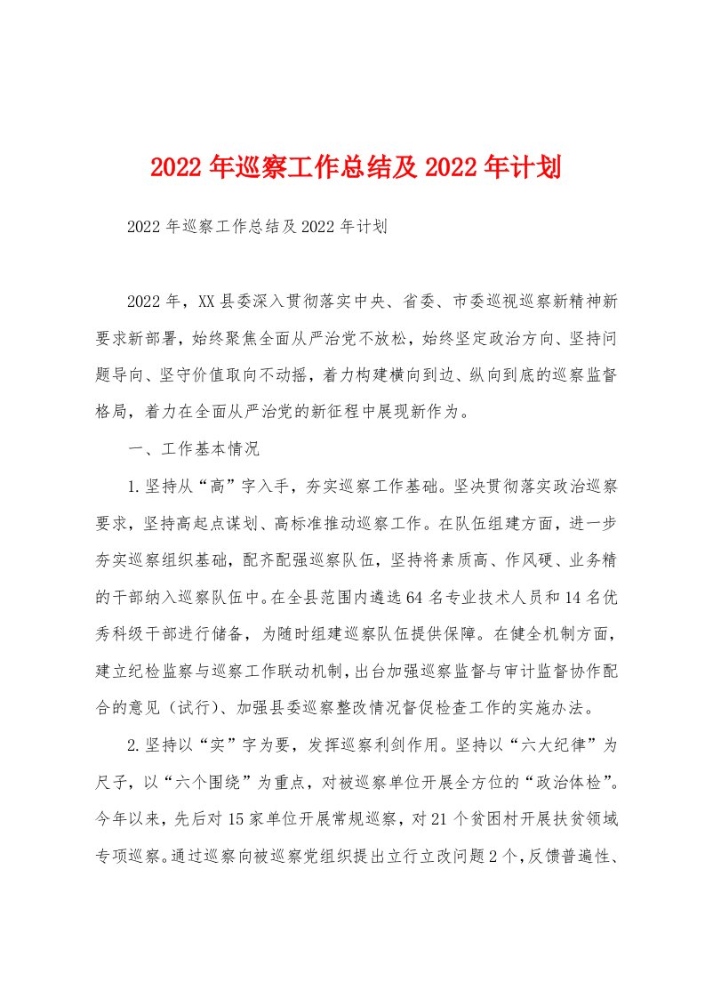 2022年巡察工作总结及2022年计划