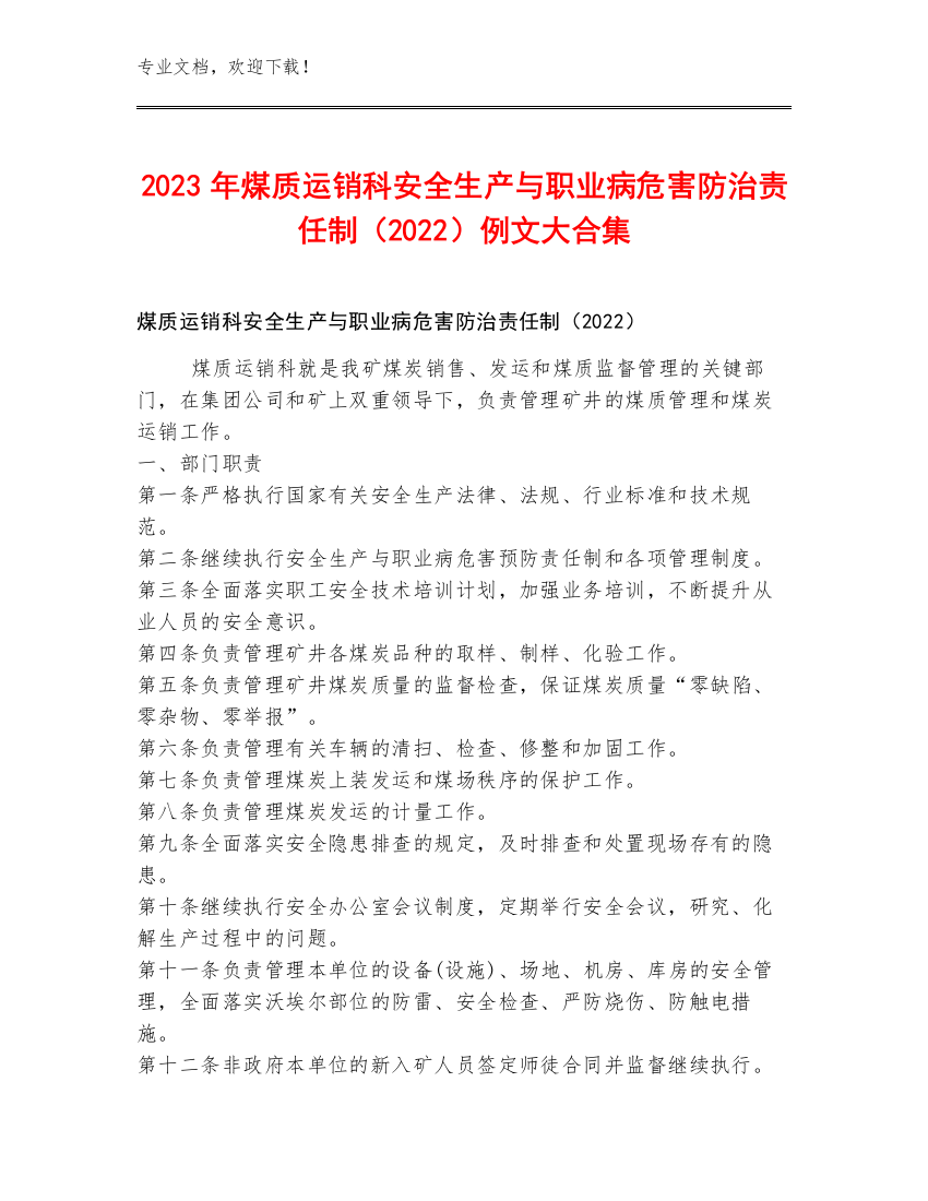 2023年煤质运销科安全生产与职业病危害防治责任制（2022）例文大合集