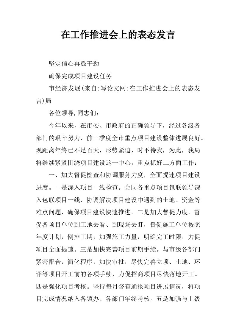 在工作推进会上的表态发言