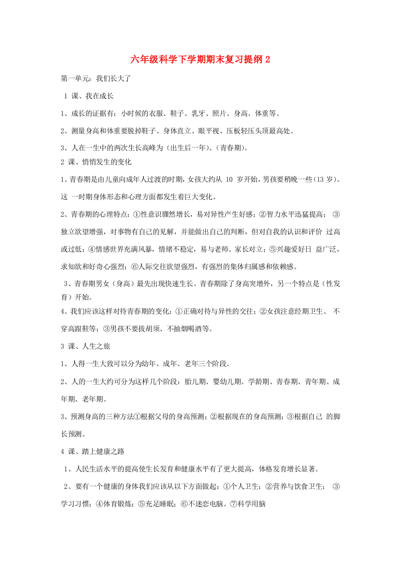 六年级科学下学期期末复习提纲2