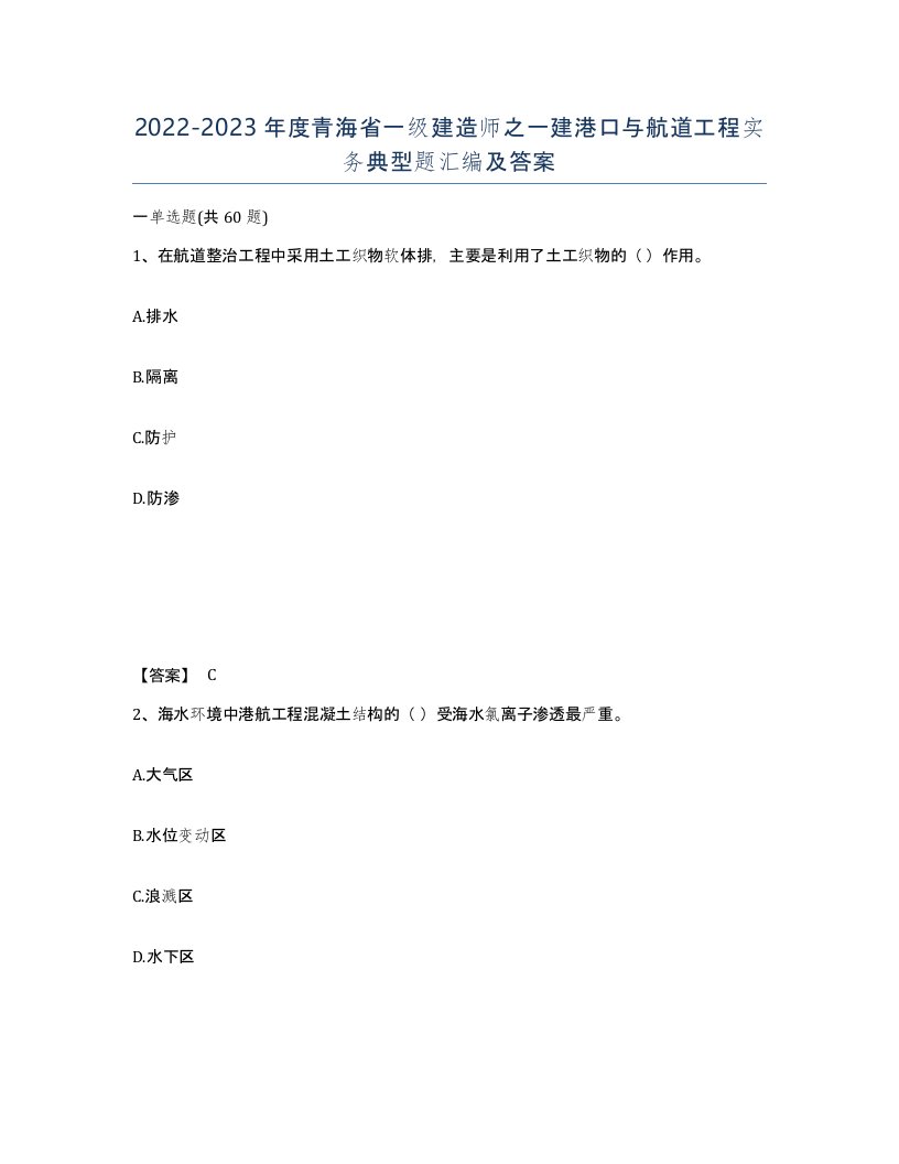 2022-2023年度青海省一级建造师之一建港口与航道工程实务典型题汇编及答案