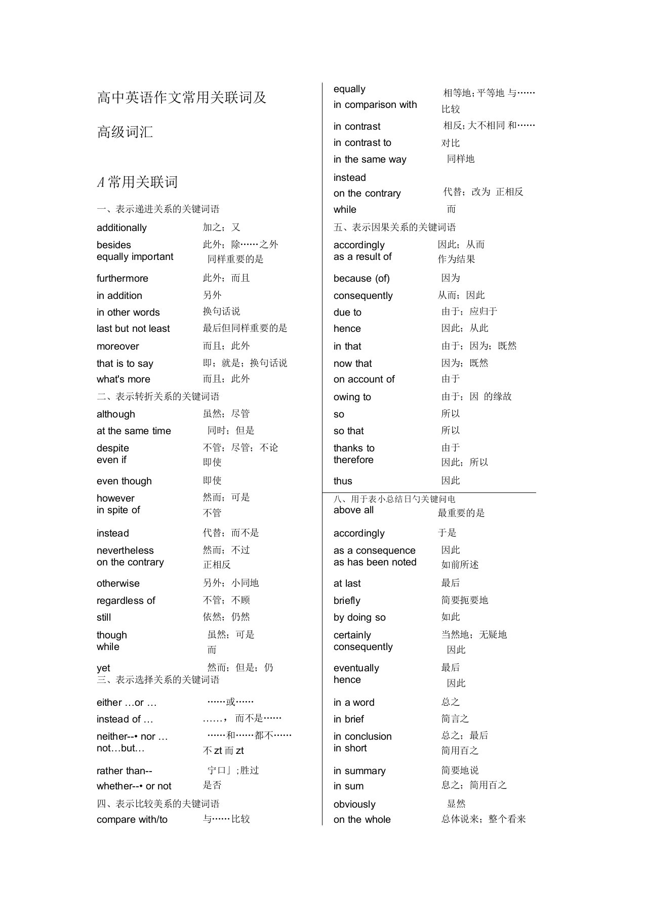 高中英语作文常用关联词及高级词汇