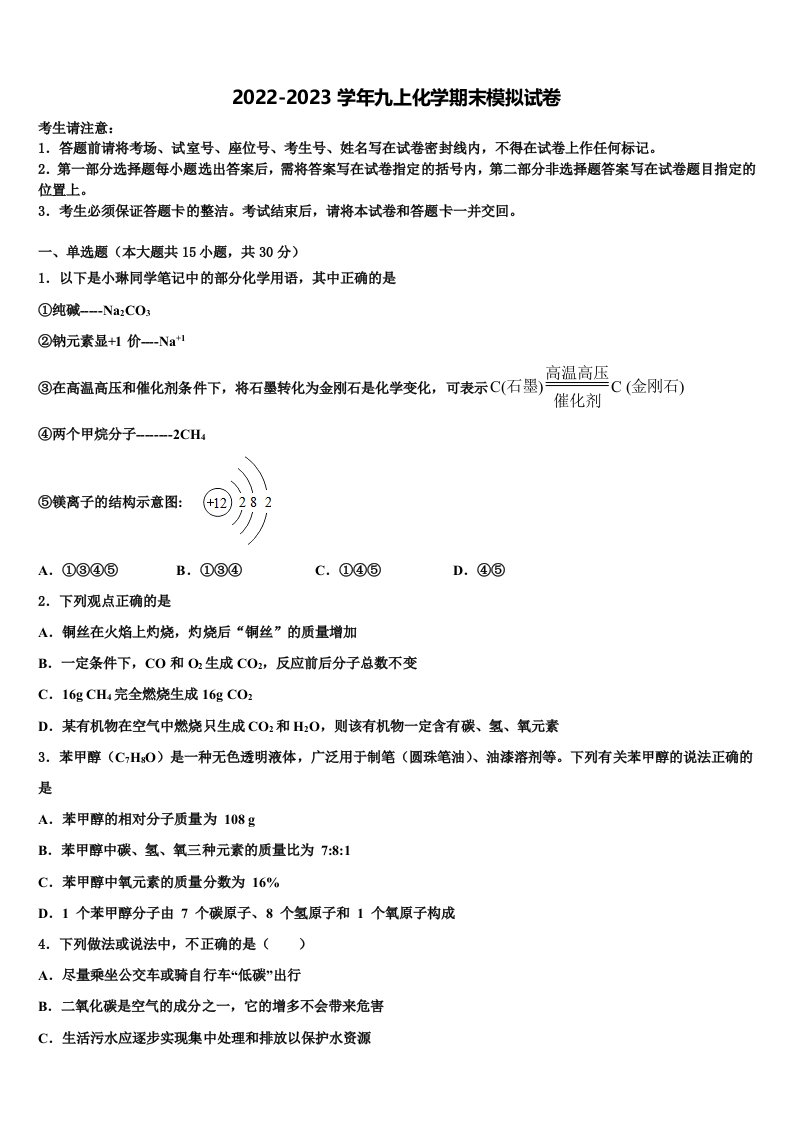 2022年湖南省娄底市第五中学九年级化学第一学期期末调研模拟试题含解析