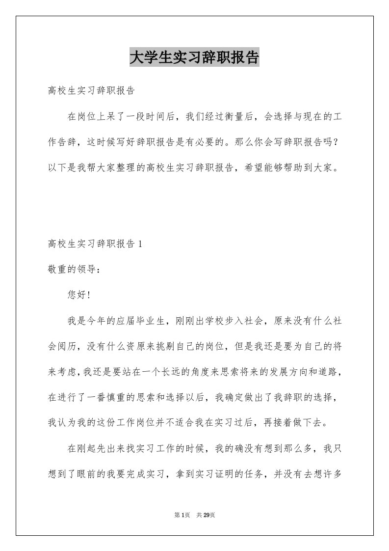 大学生实习辞职报告例文1