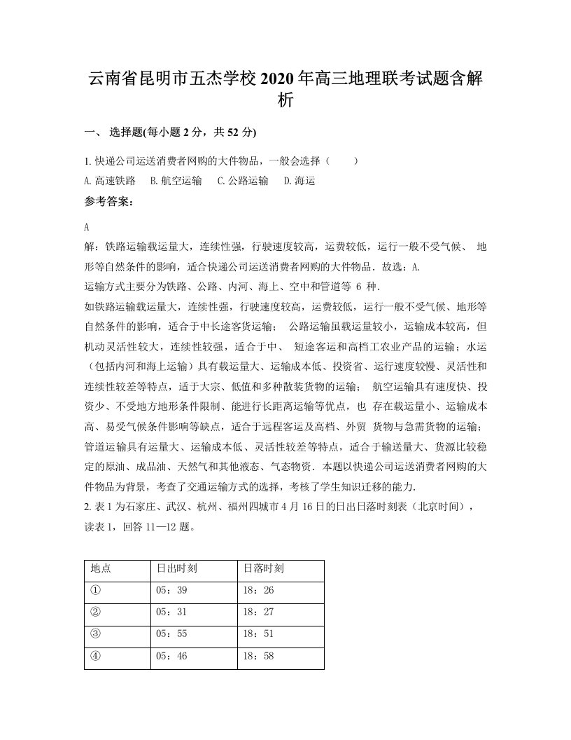 云南省昆明市五杰学校2020年高三地理联考试题含解析