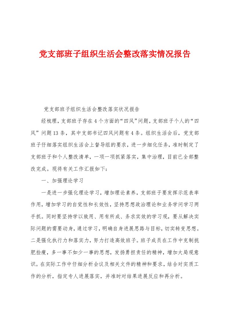 党支部班子组织生活会整改落实情况报告