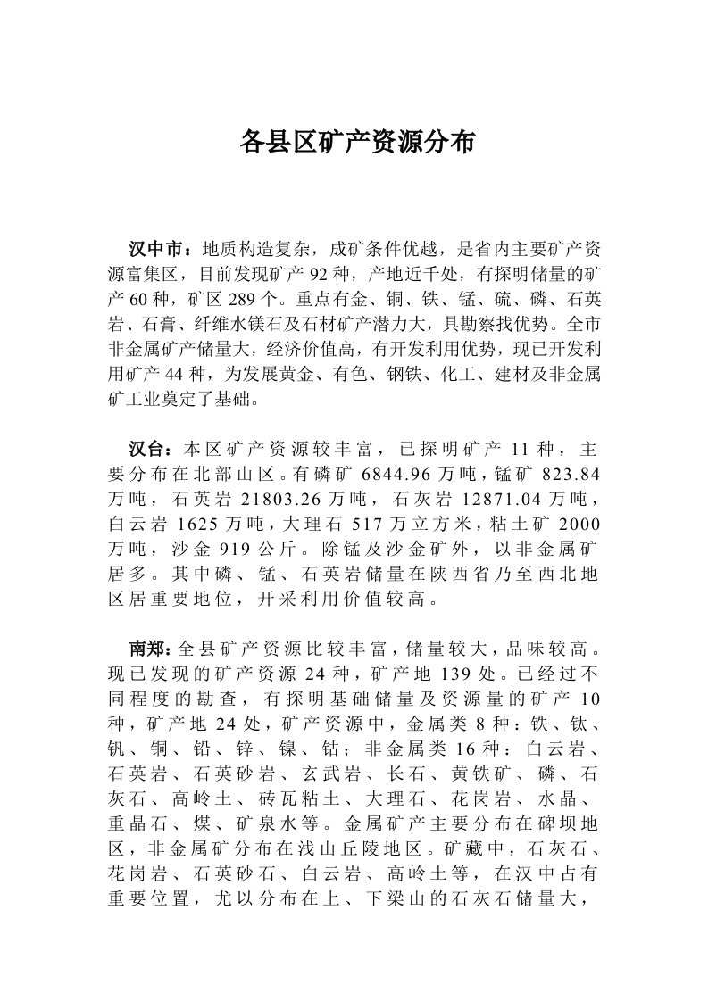 汉中市各县区矿产资源分布