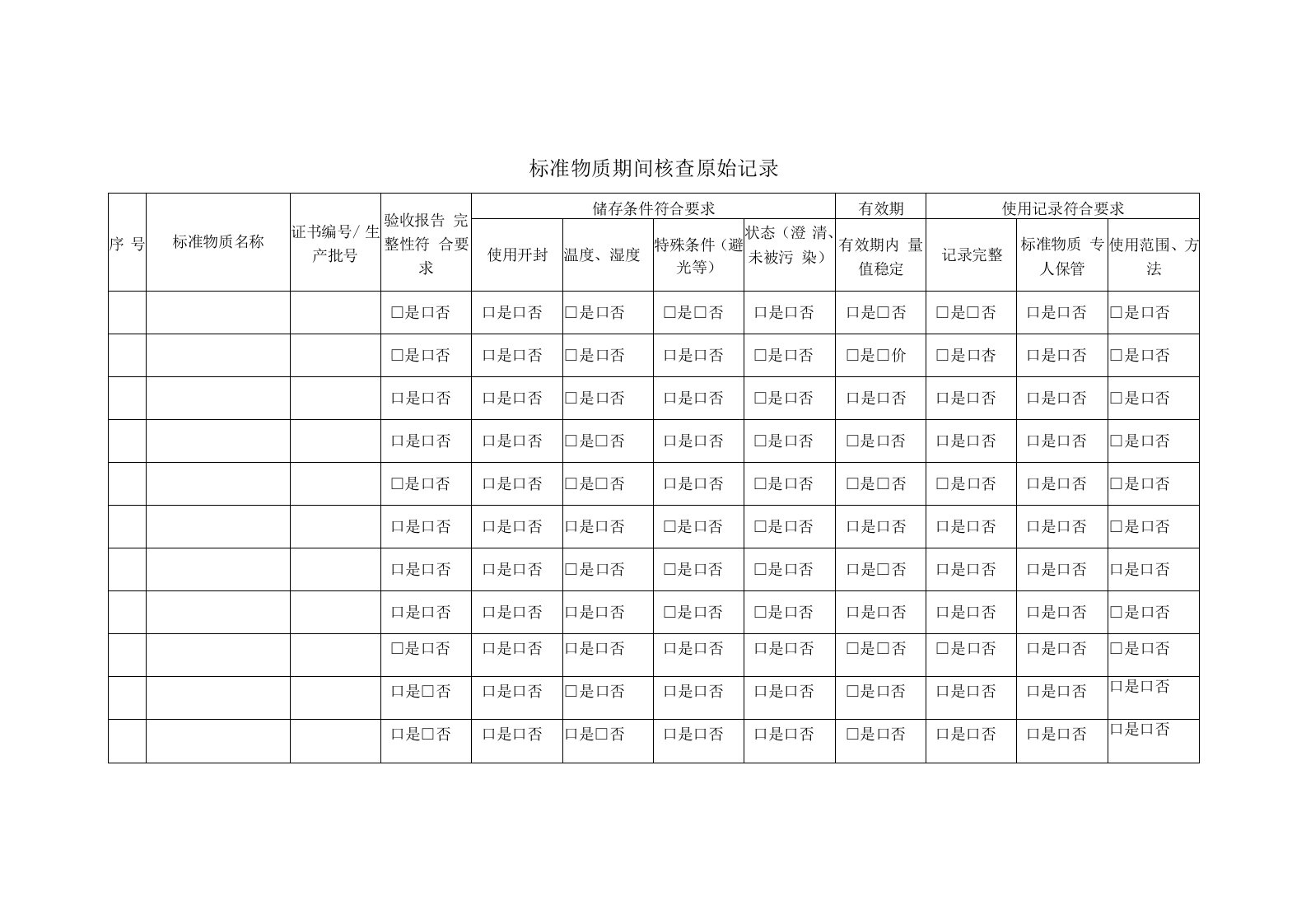 标准物质期间核查原始记录