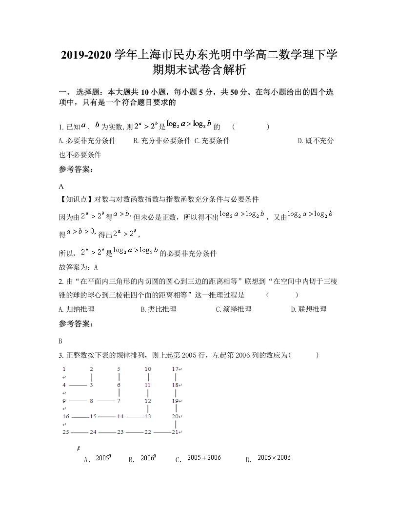 2019-2020学年上海市民办东光明中学高二数学理下学期期末试卷含解析