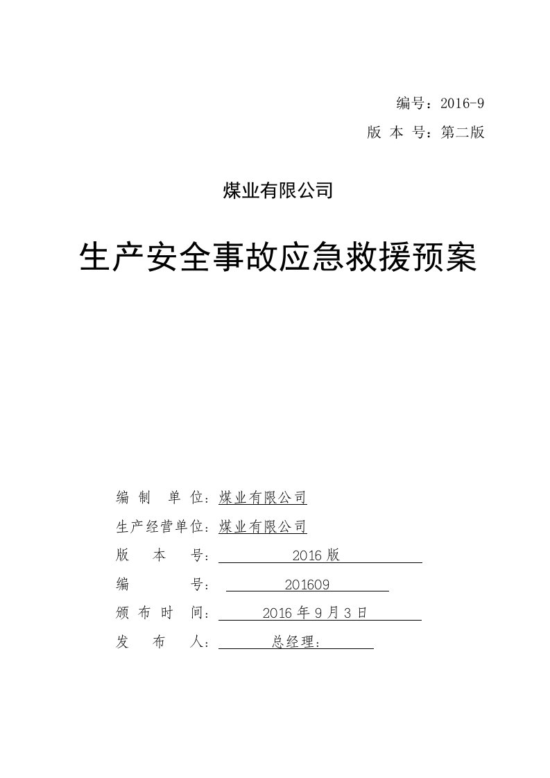 煤业有限公司生产安全事故应急救援预案