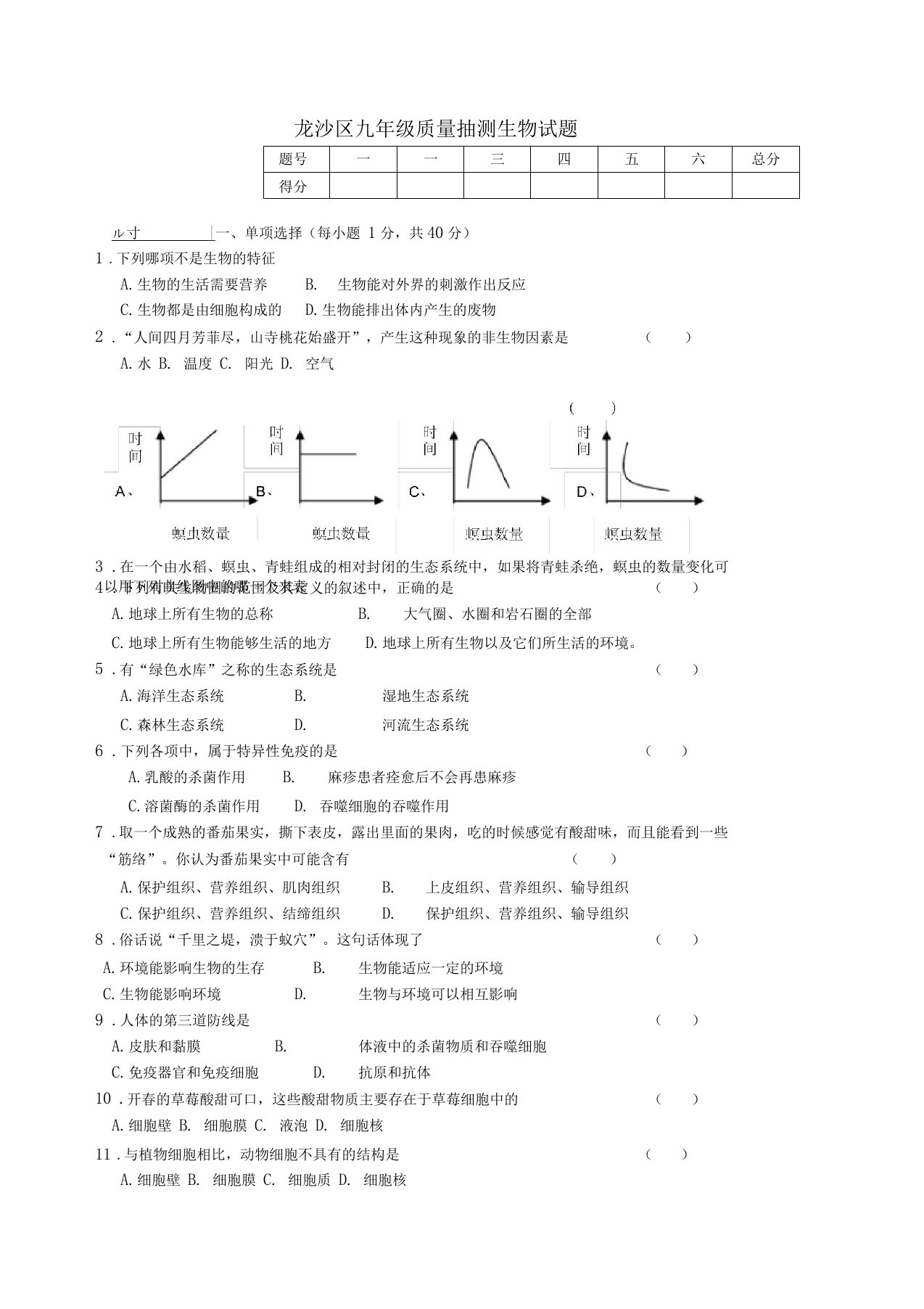 黑龙江齐齐哈尔龙沙区九年级生物下学期质量抽测试题