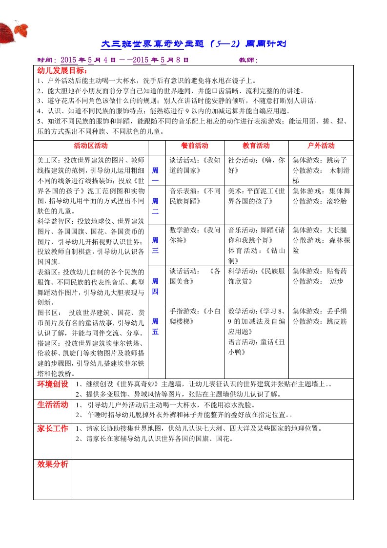 大班世界真奇妙主题5-2周周计划