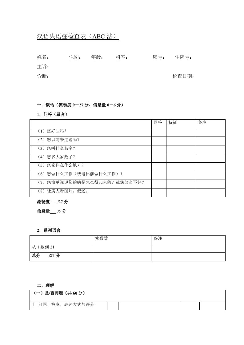 汉语失语症评定量表ABC