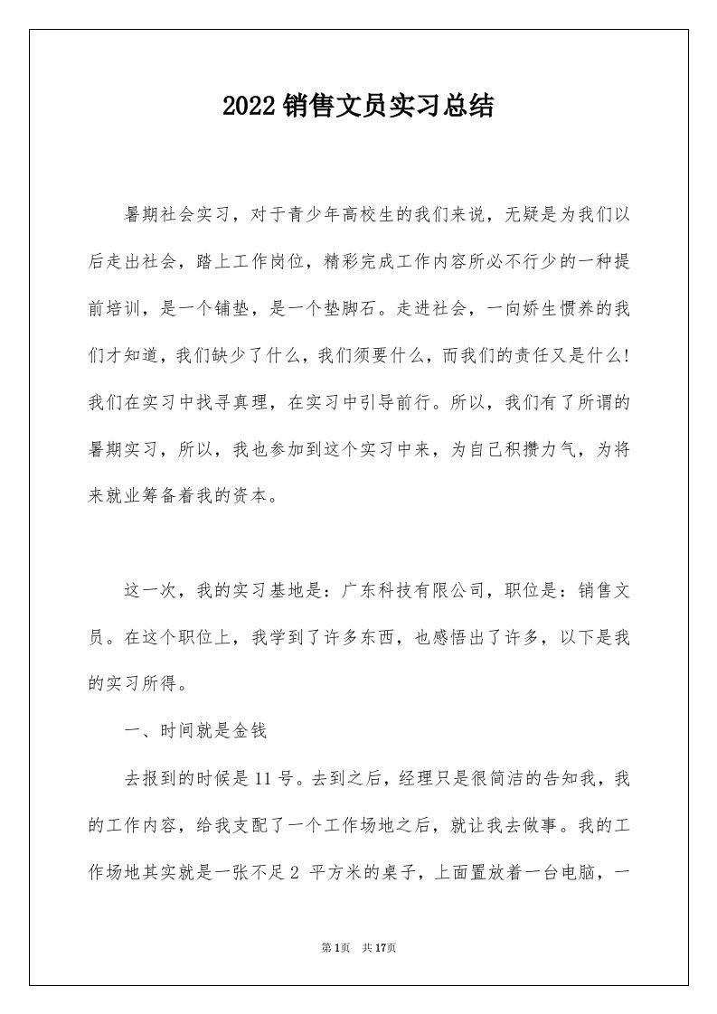 2022销售文员实习总结