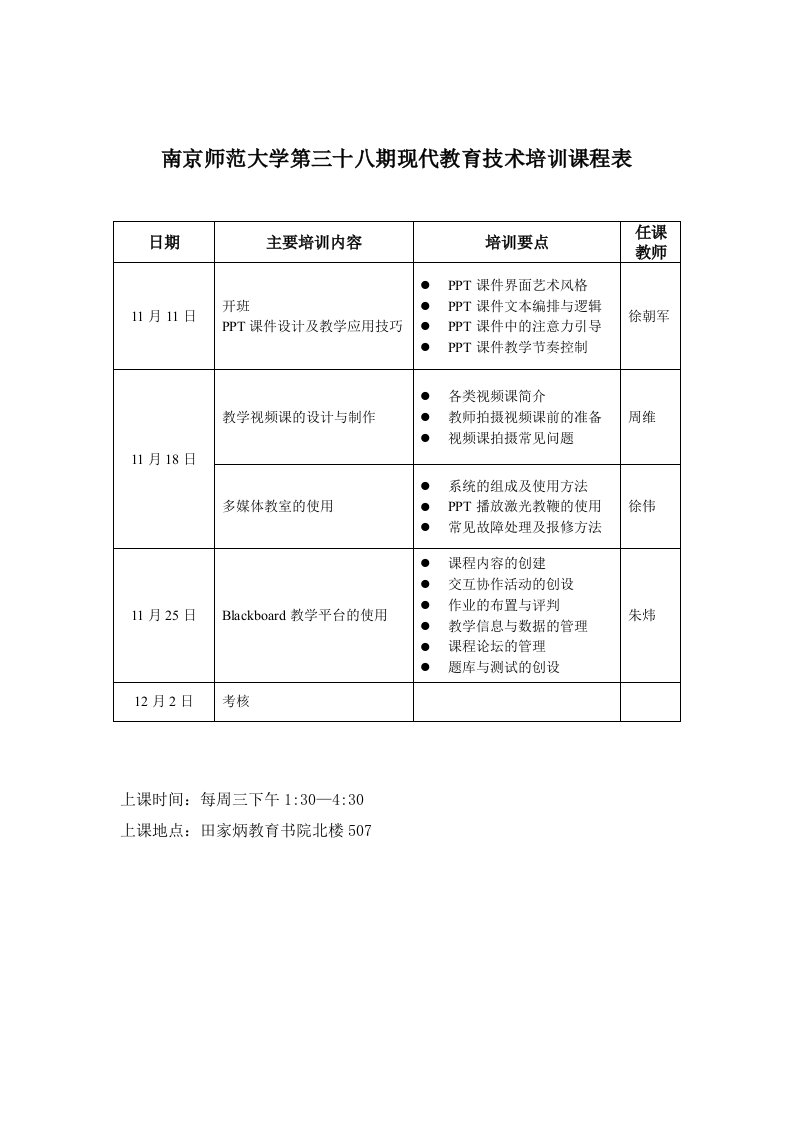 南京师范大学第三十八期现代教育技术培训课程表