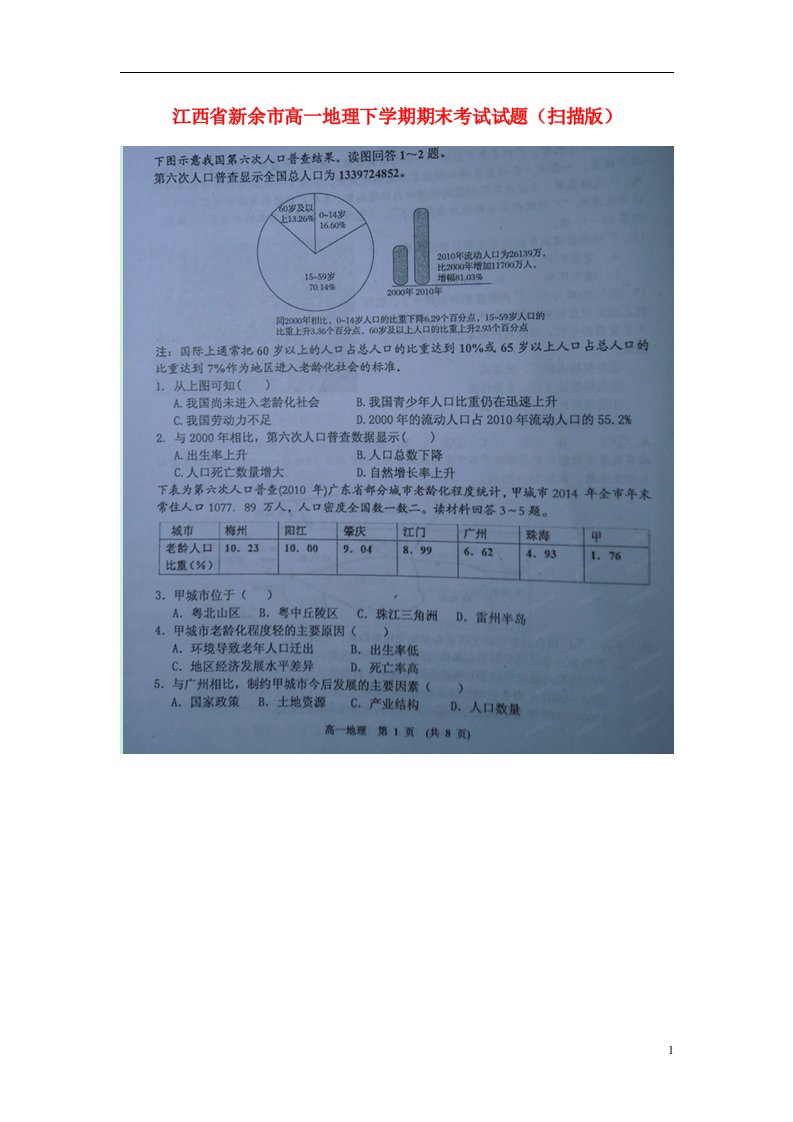 江西省新余市高一地理下学期期末考试试题（扫描版）