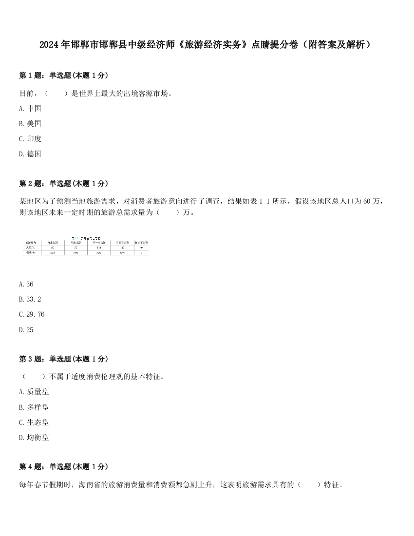 2024年邯郸市邯郸县中级经济师《旅游经济实务》点睛提分卷（附答案及解析）