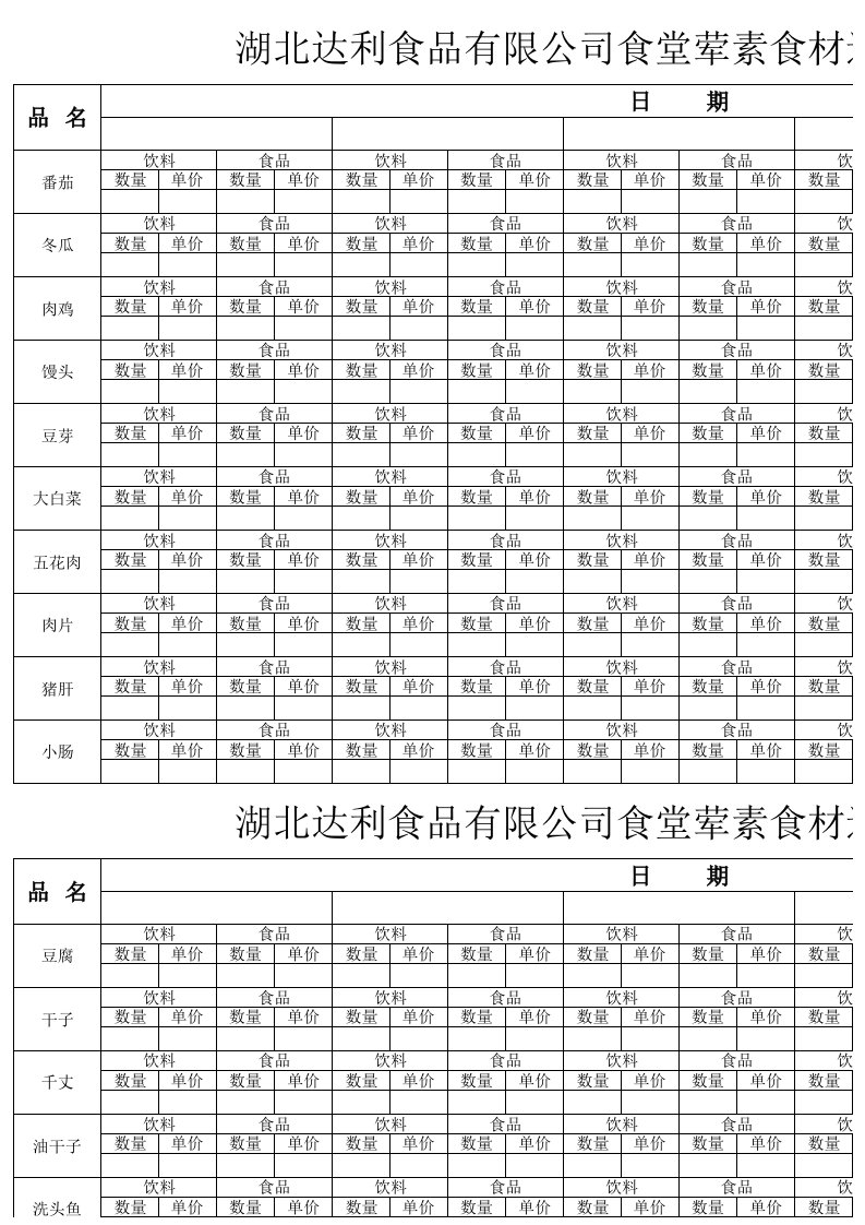 食堂食材比价单