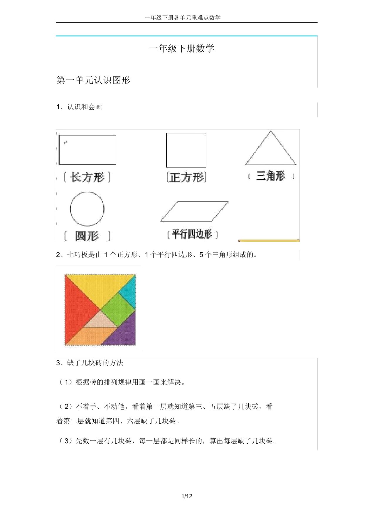 一年级下册各单元重难点数学