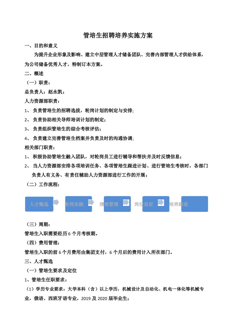 管培生招聘培养实施方案