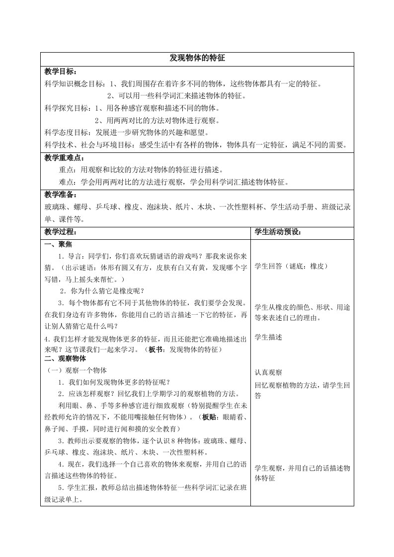 一年级下册科学教案(全)表格式